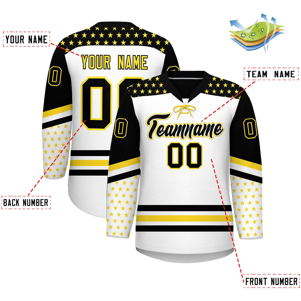 Custom White Black Gold Star Series Personalization Lace-Up Neck Hockey Jersey| KXKSHOP