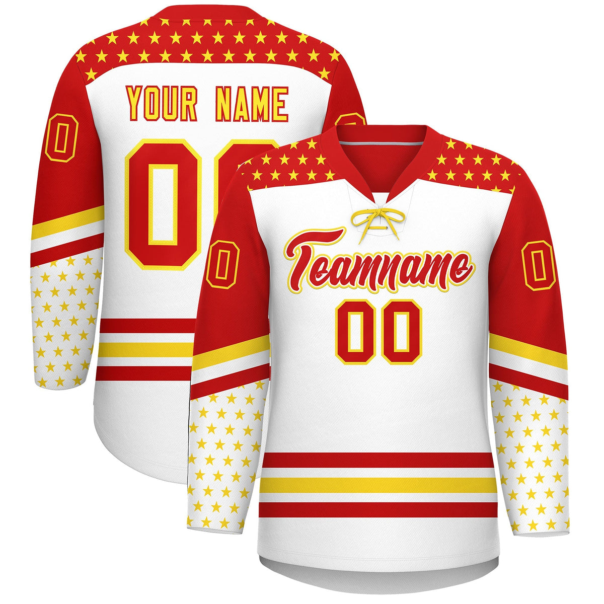Custom White Red Gold Star Series Personalization Lace-Up Neck Hockey Jersey| KXKSHOP