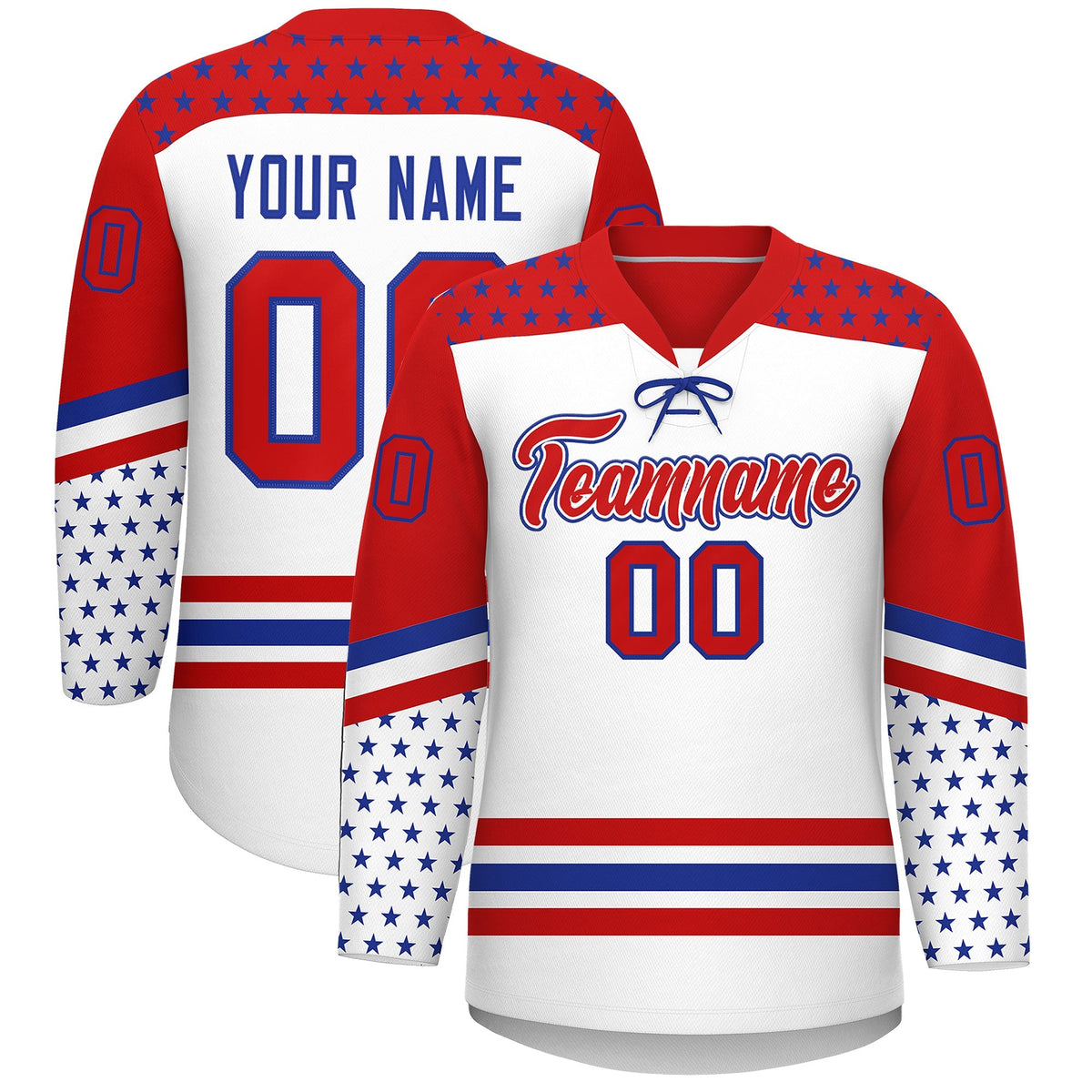Custom White Red Royal Blue Star Series Personalization Lace-Up Neck Hockey Jersey| KXKSHOP