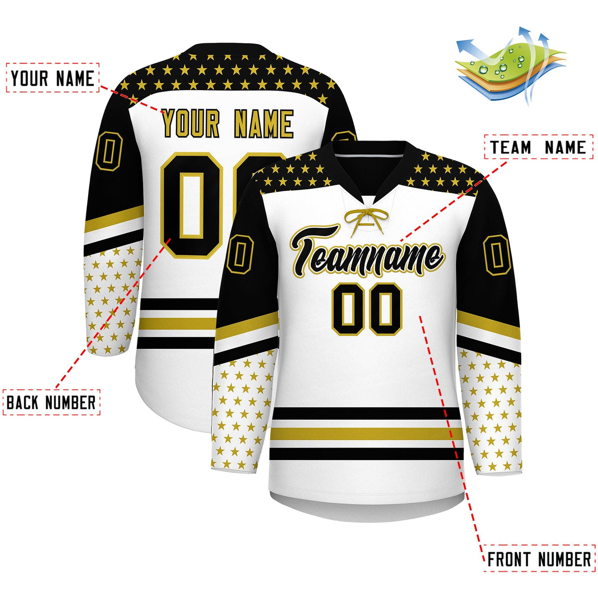 Custom White Black Old Gold Star Series Personalization Lace-Up Neck Hockey Jersey| KXKSHOP