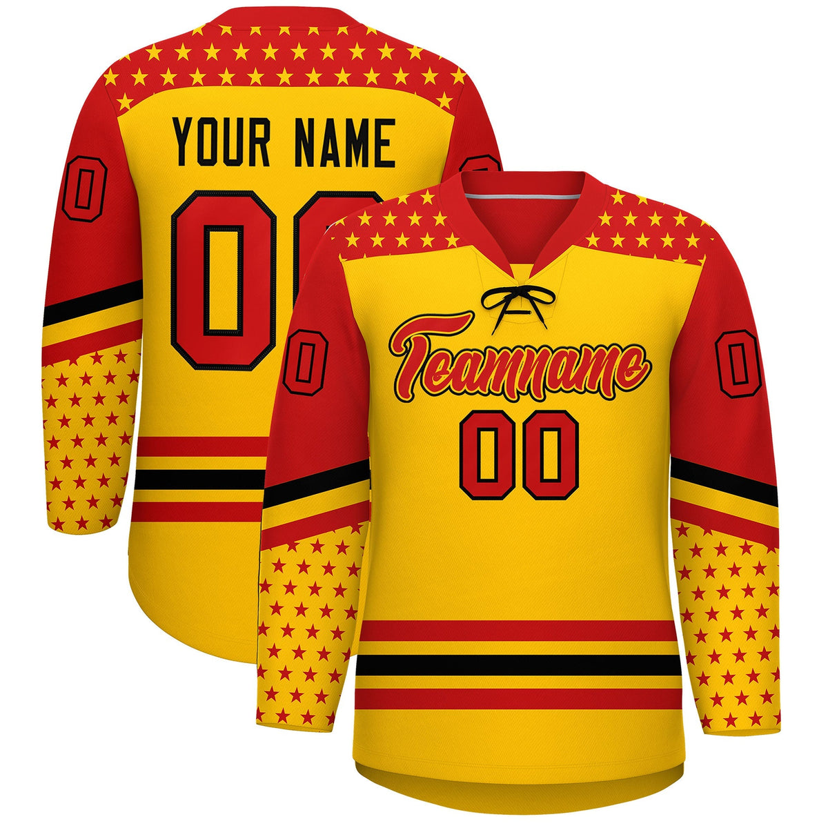 Custom Gold Red Black Star Series Personalization Lace-Up Neck Hockey Jersey| KXKSHOP