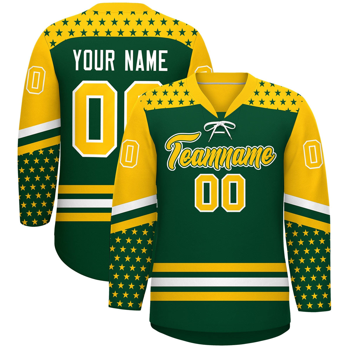 Custom Green Gold White Star Series Personalization Lace-Up Neck Hockey Jersey| KXKSHOP