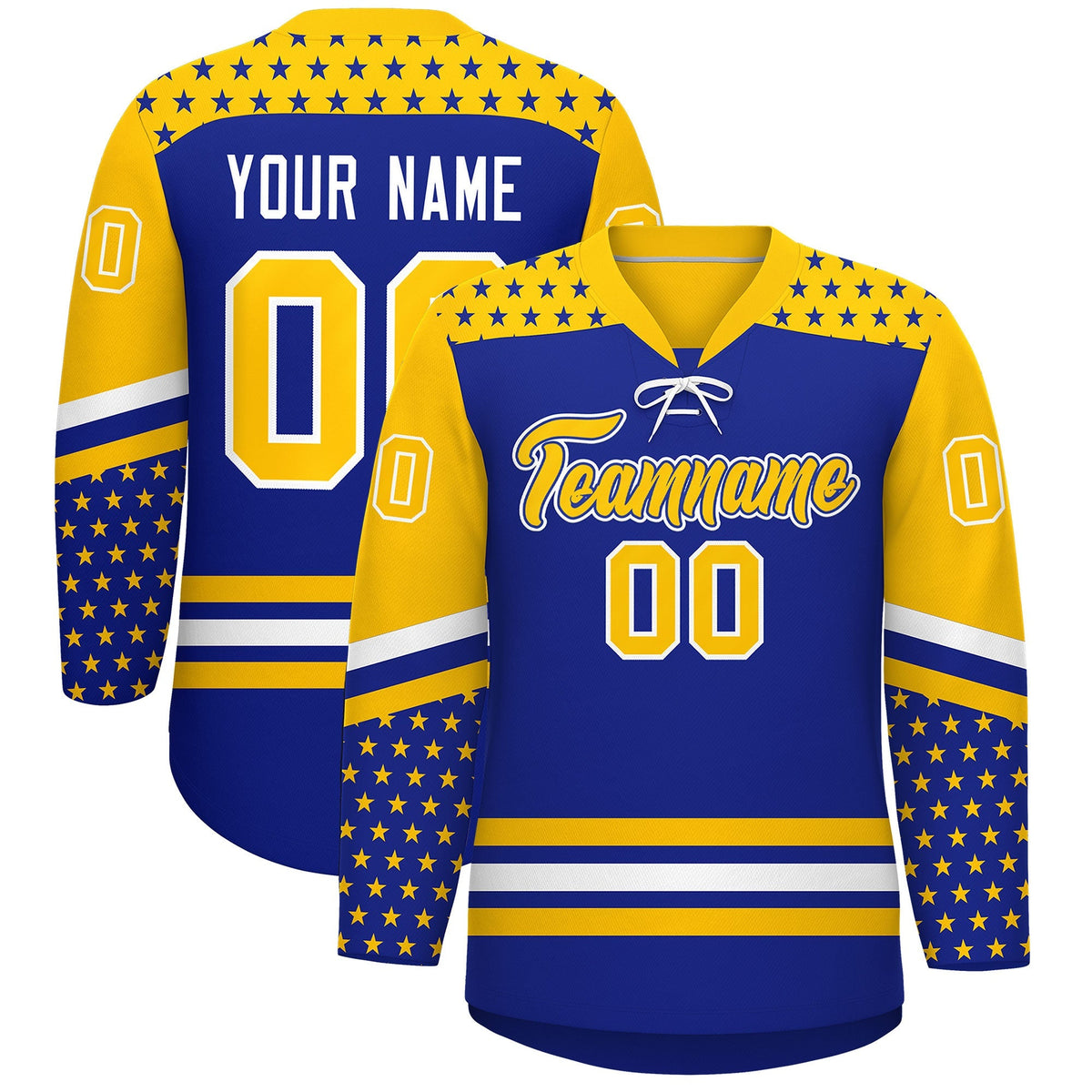 Custom Royal Blue Gold White Star Series Personalization Lace-Up Neck Hockey Jersey| KXKSHOP