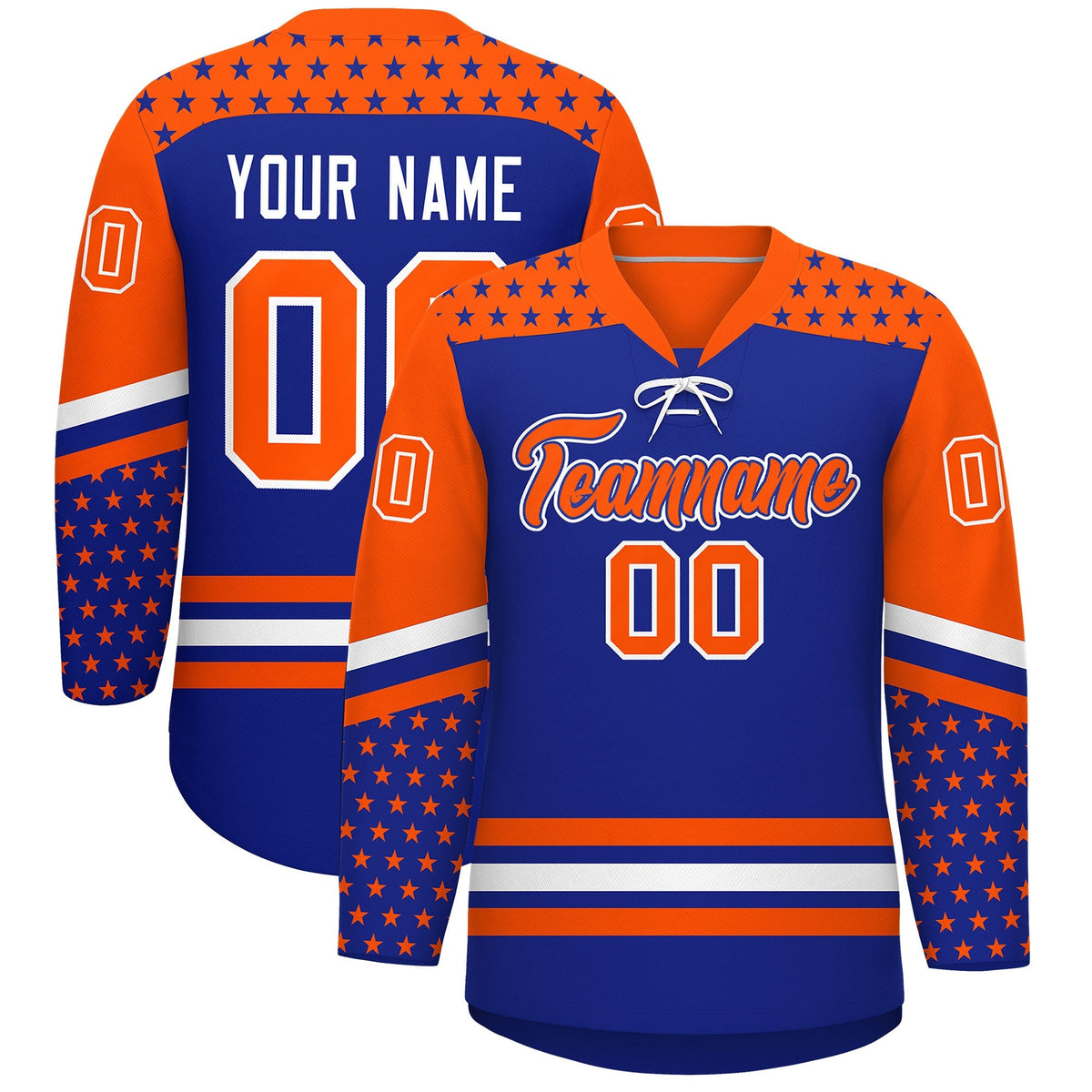 Custom Royal Blue Orange White Star Series Personalization Lace-Up Neck Hockey Jersey| KXKSHOP