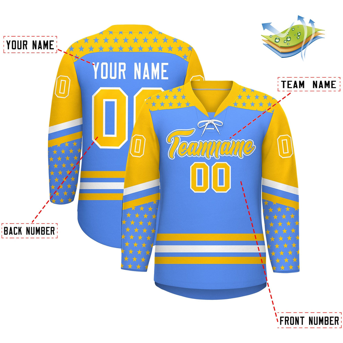 Custom Powder Blue Gold White Star Series Personalization Lace-Up Neck Hockey Jersey| KXKSHOP