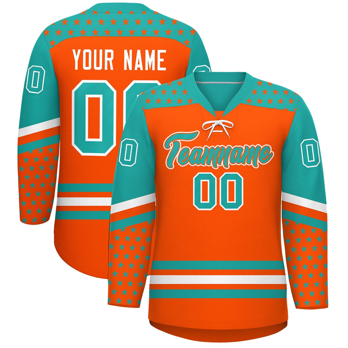 Custom Orange Aqua White Star Series Personalization Lace-Up Neck Hockey Jersey| KXKSHOP
