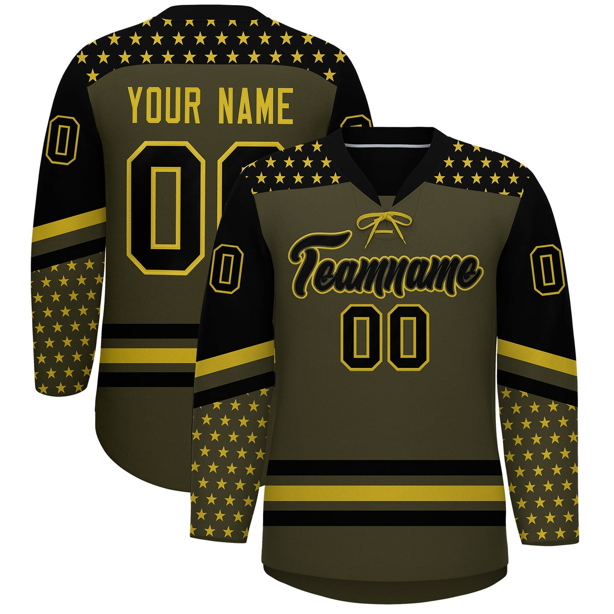 Custom Olive Black Old Gold Star Series Personalization Lace-Up Neck Hockey Jersey| KXKSHOP