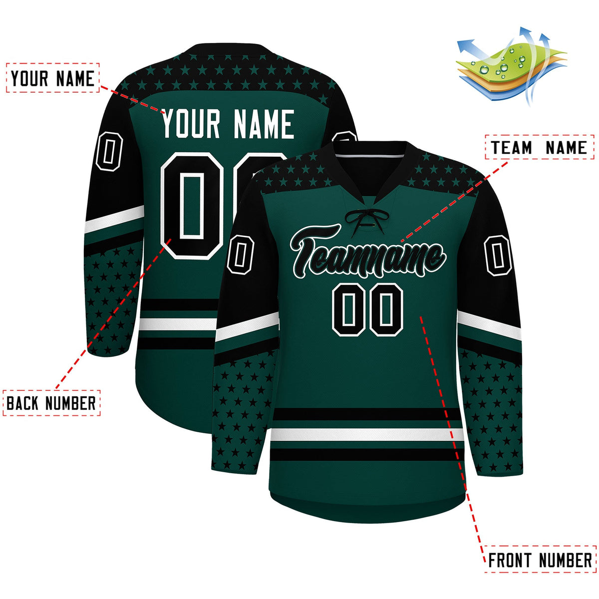 Custom Midnight Green Black White Star Series Personalization Lace-Up Neck Hockey Jersey| KXKSHOP