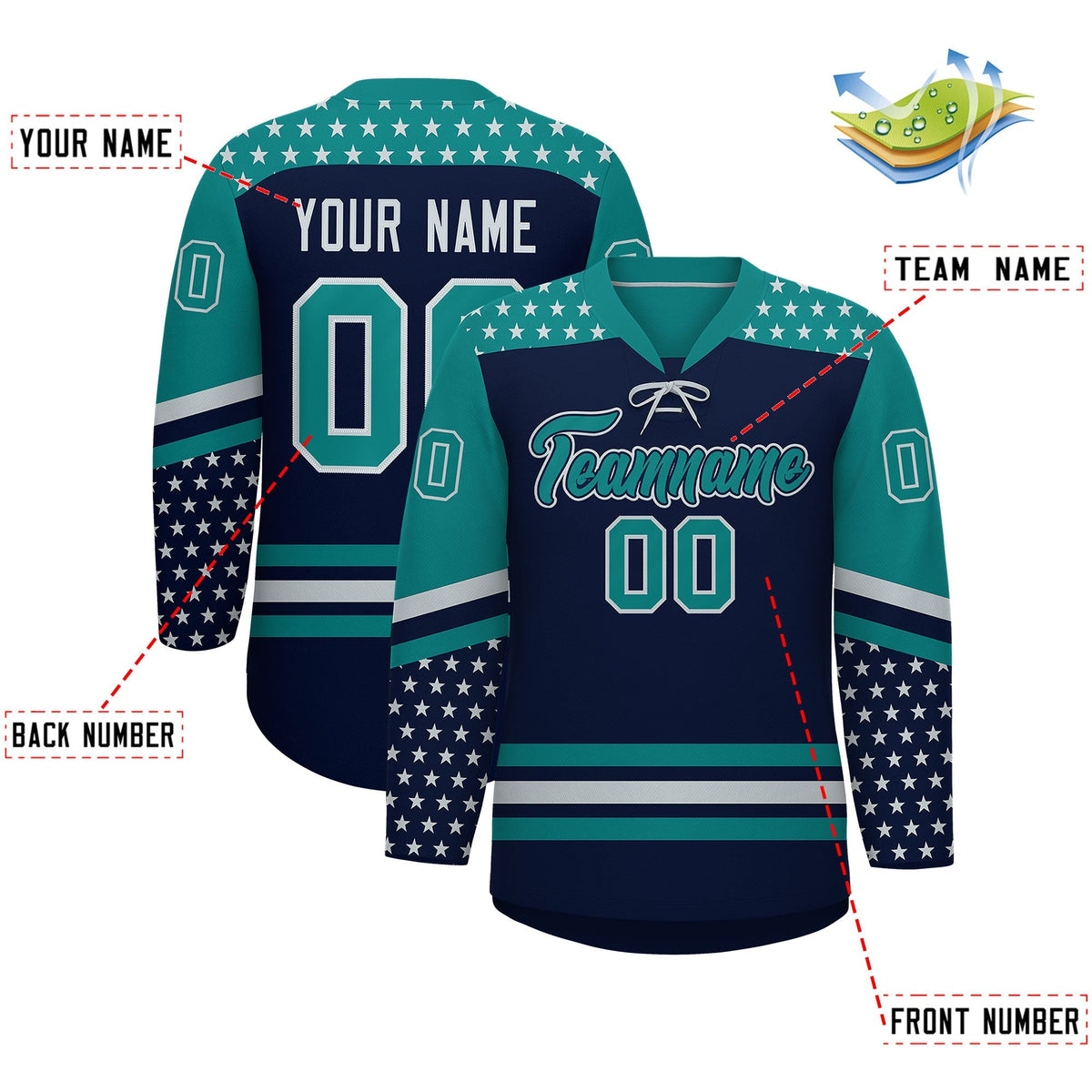 Custom Navy Teal Silver Star Series Personalization Lace-Up Neck Hockey Jersey| KXKSHOP