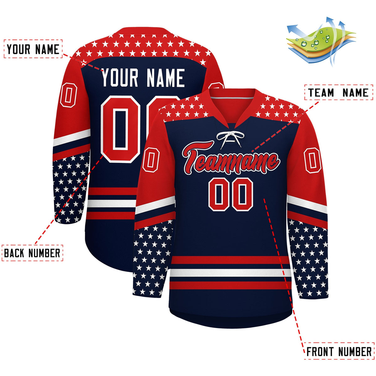 Custom Navy Red White Star Series Personalization Lace-Up Neck Hockey Jersey| KXKSHOP