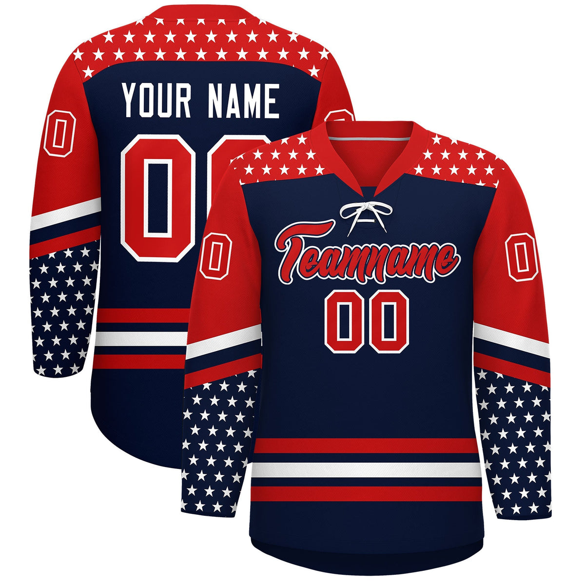 Custom Navy Red White Star Series Personalization Lace-Up Neck Hockey Jersey| KXKSHOP