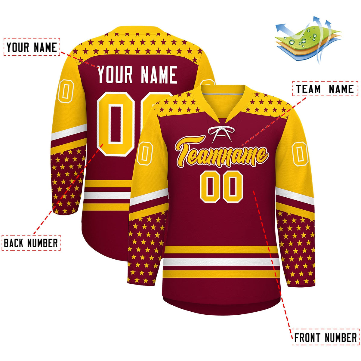 Custom Crimson Gold White Star Series Personalization Lace-Up Neck Hockey Jersey| KXKSHOP
