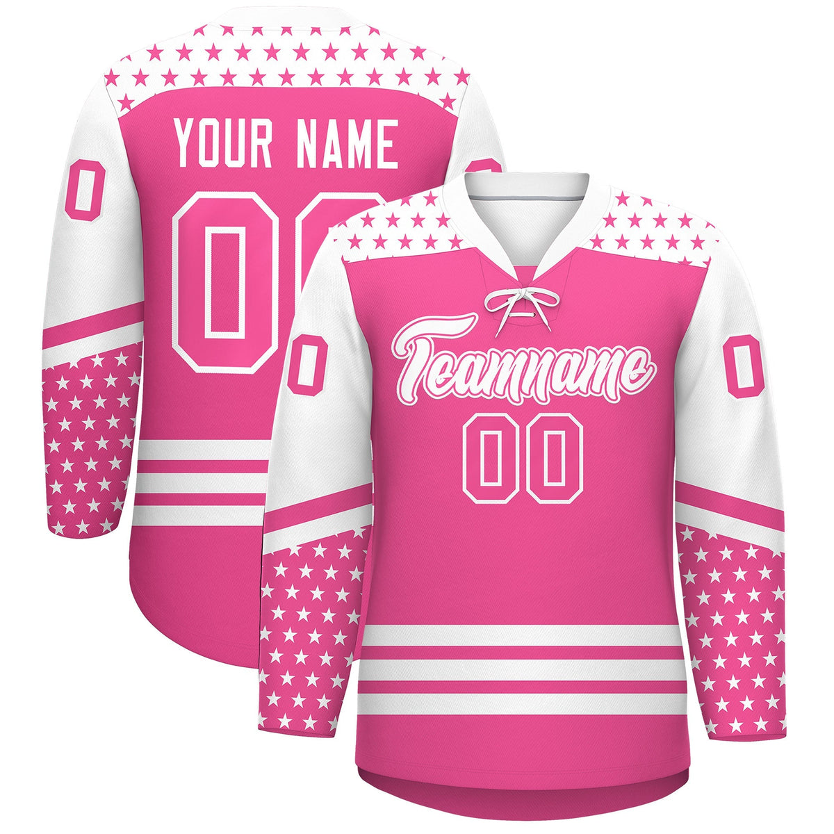 Custom Pink White Star Series Personalization Lace-Up Neck Hockey Jersey| KXKSHOP