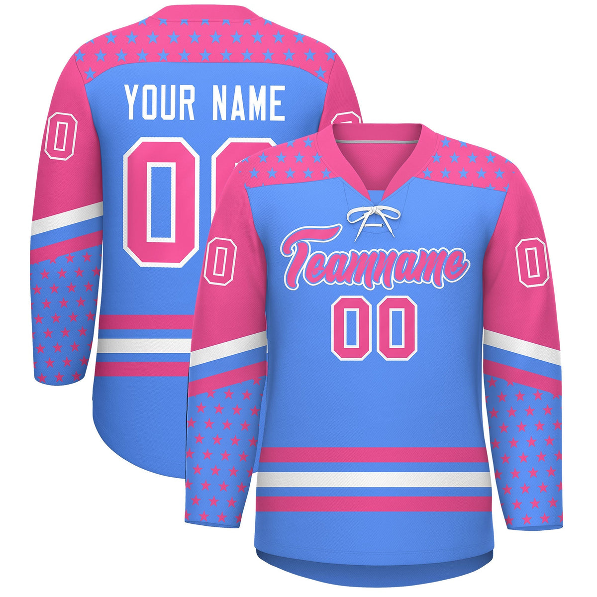 Custom Powder Blue Pink White Star Series Personalization Lace-Up Neck Hockey Jersey| KXKSHOP