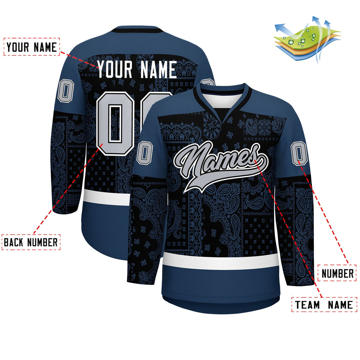 Custom Midnight Blue White Black Cashew Flower Graffiti Pattern V-Neck Hockey Jersey| KXKSHOP