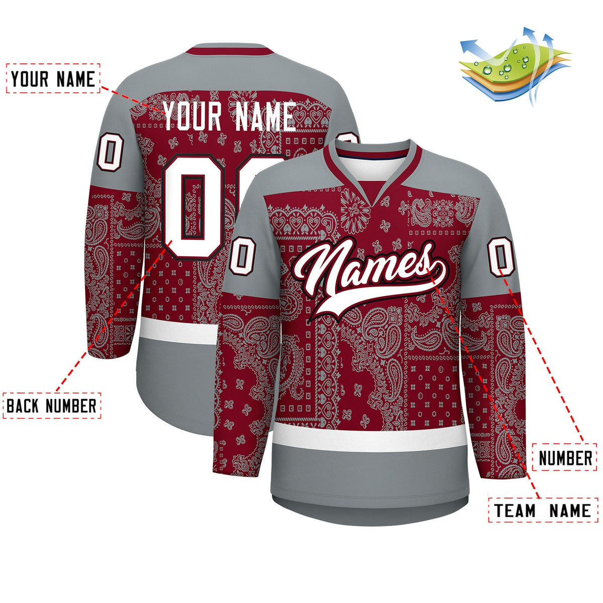 Custom Silver Gray Crimson White Cashew Flower Graffiti Pattern V-Neck Hockey Jersey| KXKSHOP