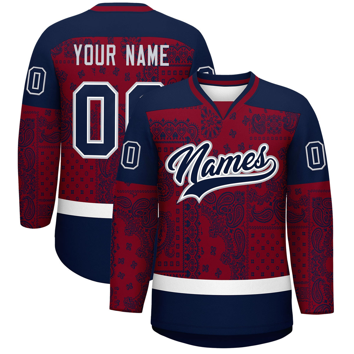 Custom Navy Crimson White Cashew Flower Graffiti Pattern V-Neck Hockey Jersey| KXKSHOP