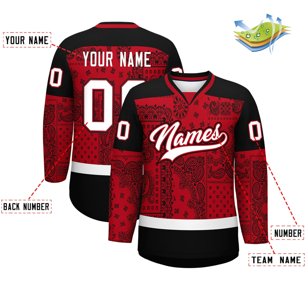Custom Black Red White Cashew Flower Graffiti Pattern V-Neck Hockey Jersey| KXKSHOP