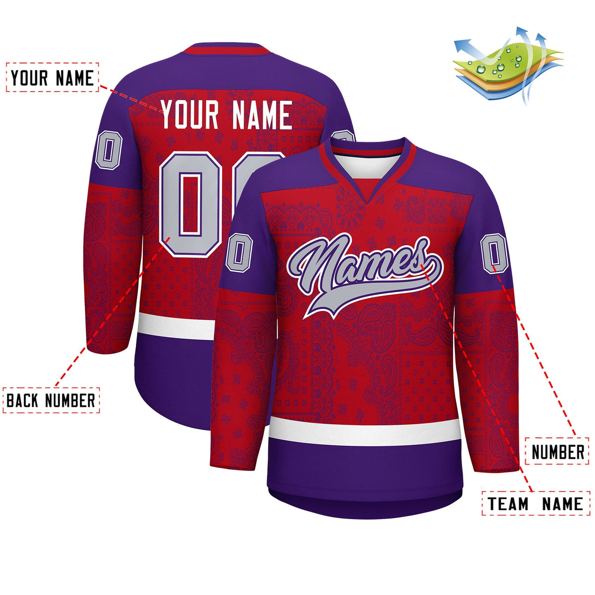 Custom Purple Red White Cashew Flower Graffiti Pattern V-Neck Hockey Jersey| KXKSHOP