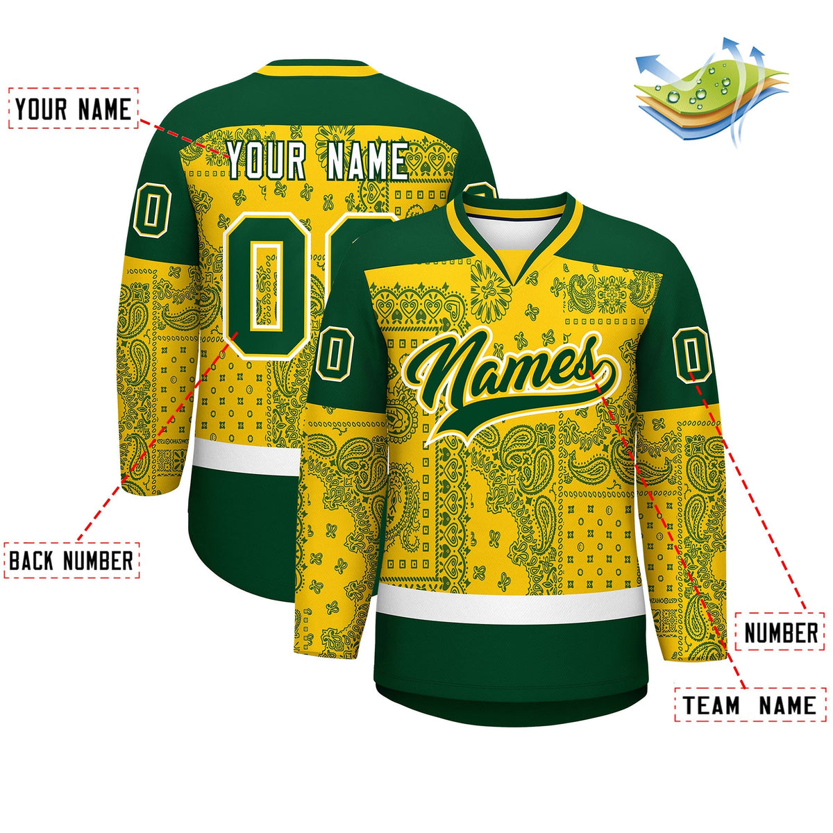 Custom Gold Green White Cashew Flower Graffiti Pattern V-Neck Hockey Jersey| KXKSHOP