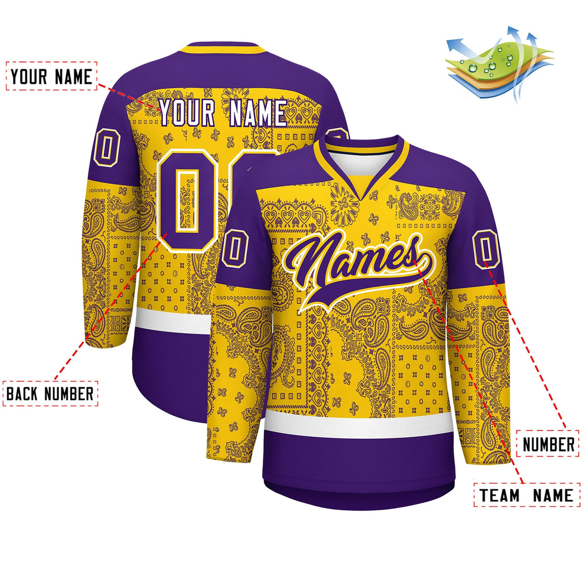 Custom Purple Gold White Cashew Flower Graffiti Pattern V-Neck Hockey Jersey| KXKSHOP