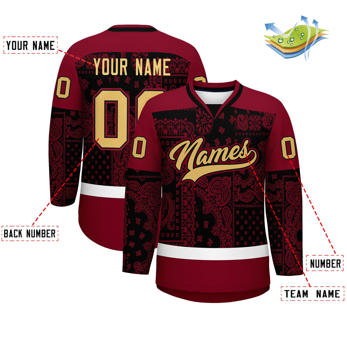 Custom Crimson Black White Cashew Flower Graffiti Pattern V-Neck Hockey Jersey| KXKSHOP