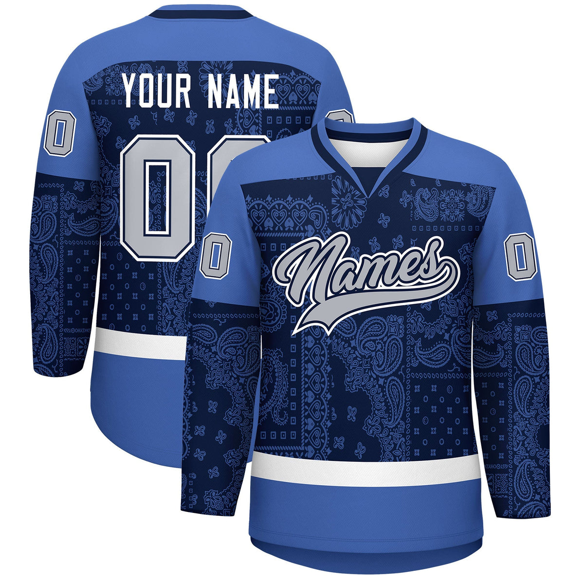 Custom Blue Navy White Cashew Flower Graffiti Pattern V-Neck Hockey Jersey| KXKSHOP