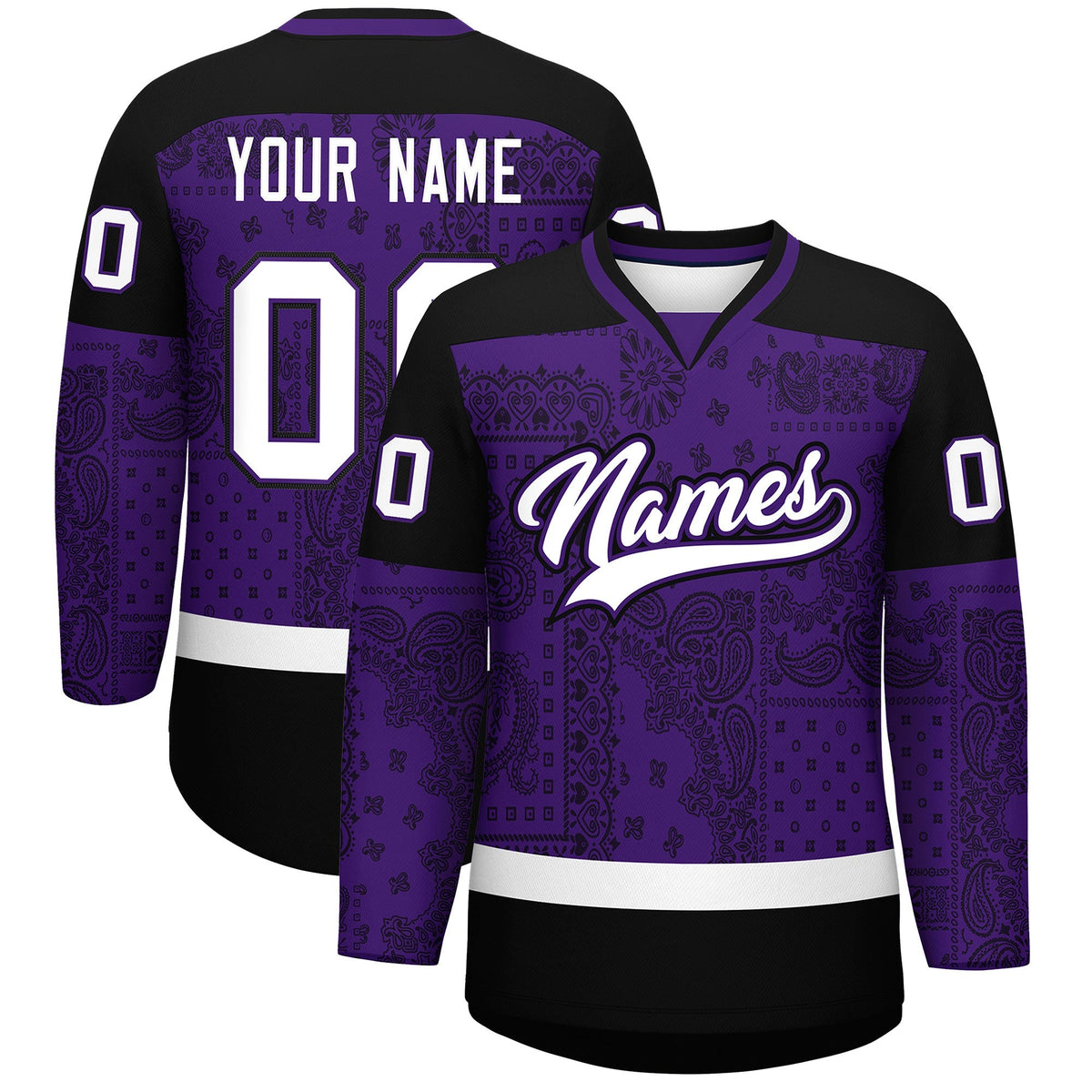 Custom Black White Purple Cashew Flower Graffiti Pattern V-Neck Hockey Jersey| KXKSHOP