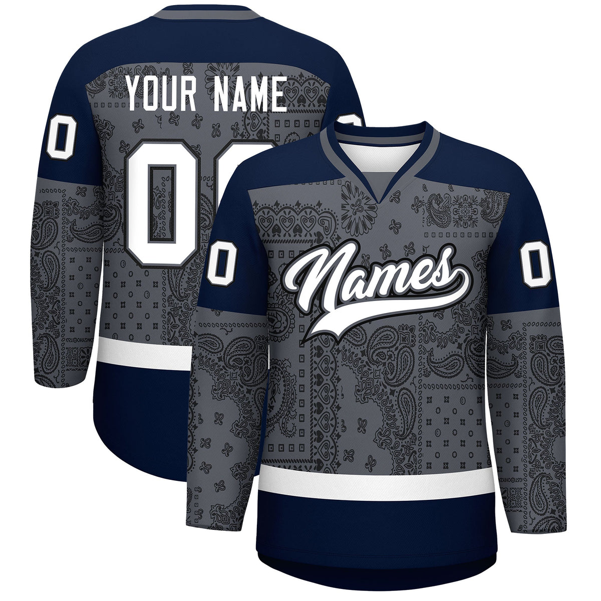 Custom Black Dark Gray White Cashew Flower Graffiti Pattern V-Neck Hockey Jersey| KXKSHOP