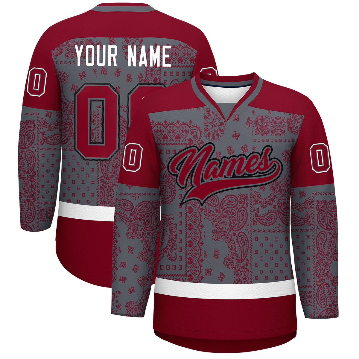 Custom Red Dark Gray White Cashew Flower Graffiti Pattern V-Neck Hockey Jersey| KXKSHOP
