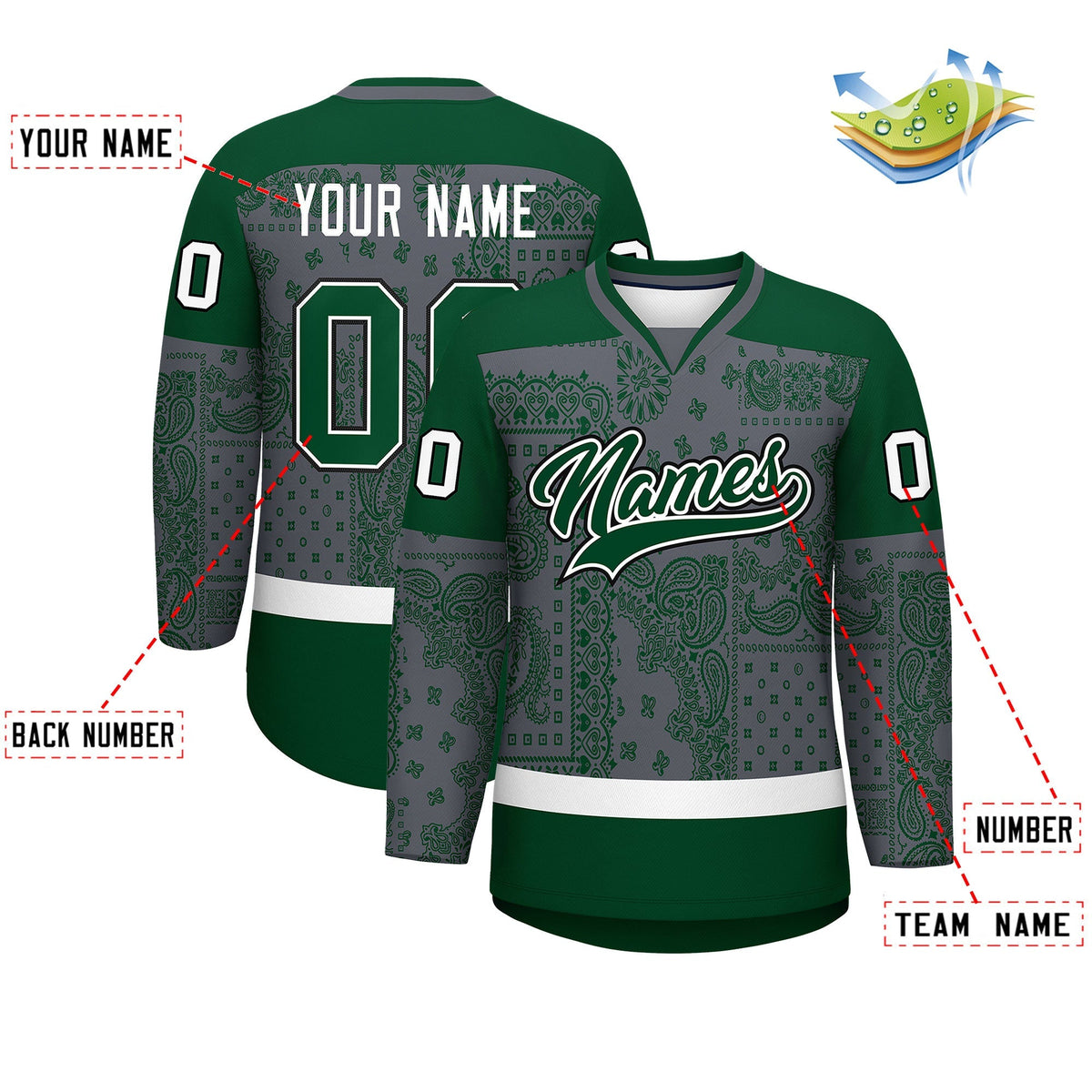 Custom Green Dark Gray White Cashew Flower Graffiti Pattern V-Neck Hockey Jersey| KXKSHOP
