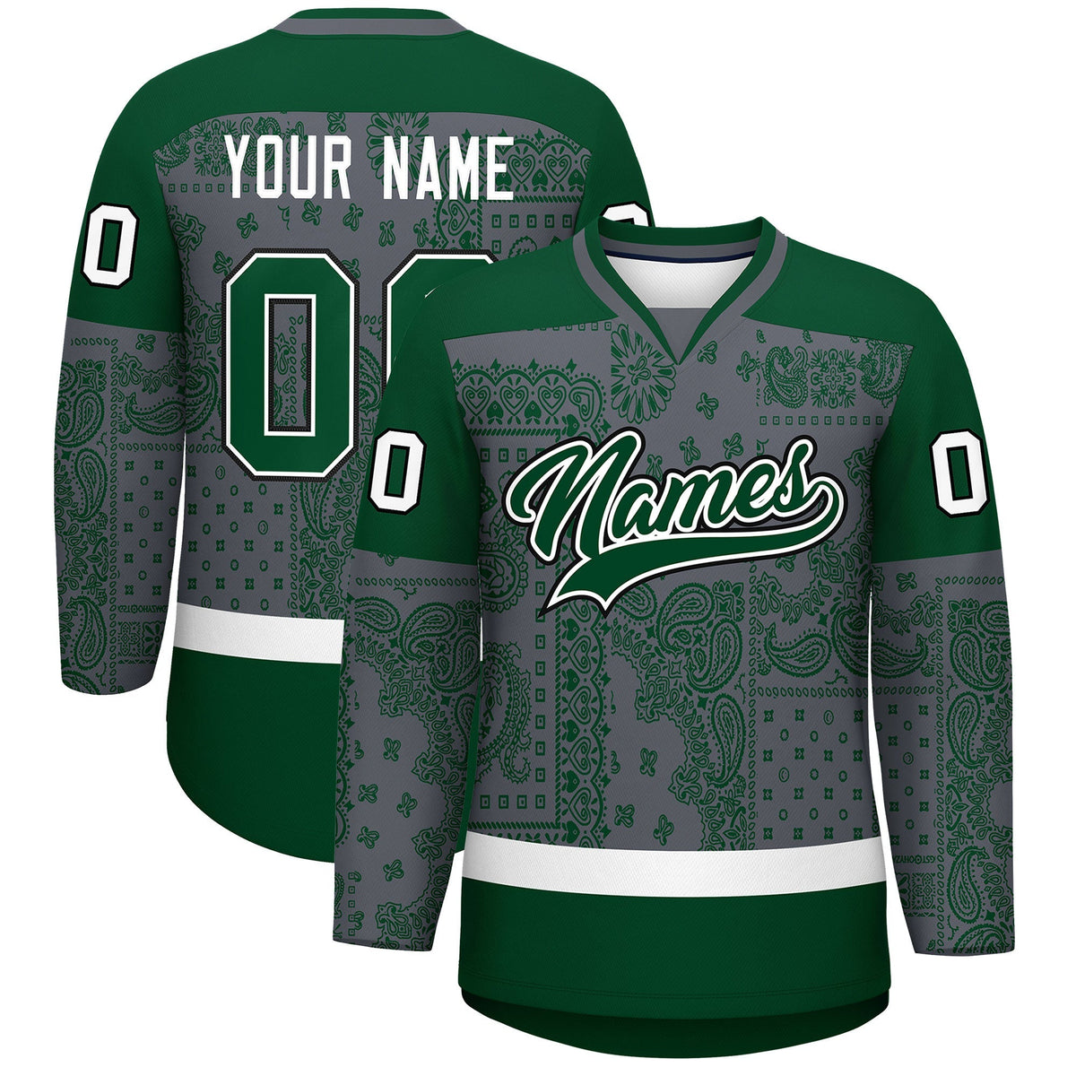 Custom Green Dark Gray White Cashew Flower Graffiti Pattern V-Neck Hockey Jersey| KXKSHOP