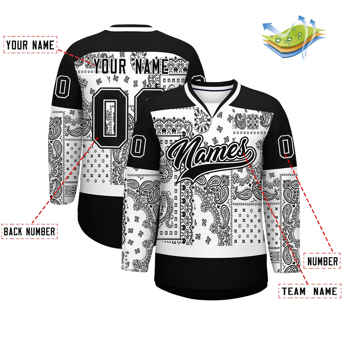 Custom Black White Cashew Flower Graffiti Pattern V-Neck Hockey Jersey| KXKSHOP