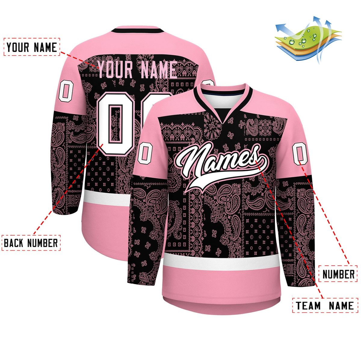 Custom Light Pink Black White Cashew Flower Graffiti Pattern V-Neck Hockey Jersey| KXKSHOP