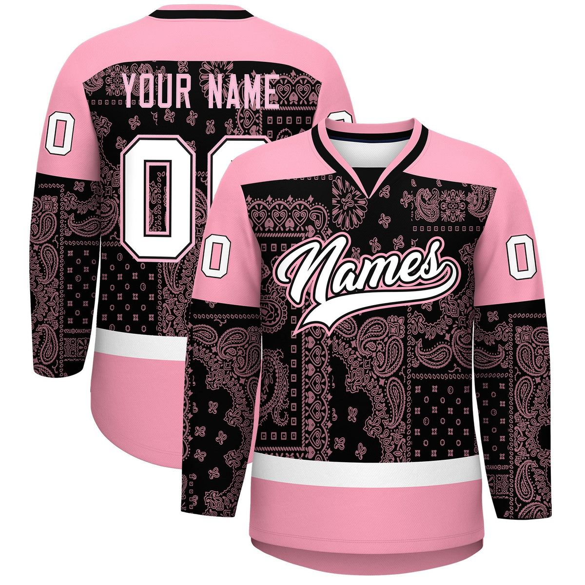 Custom Light Pink Black White Cashew Flower Graffiti Pattern V-Neck Hockey Jersey| KXKSHOP