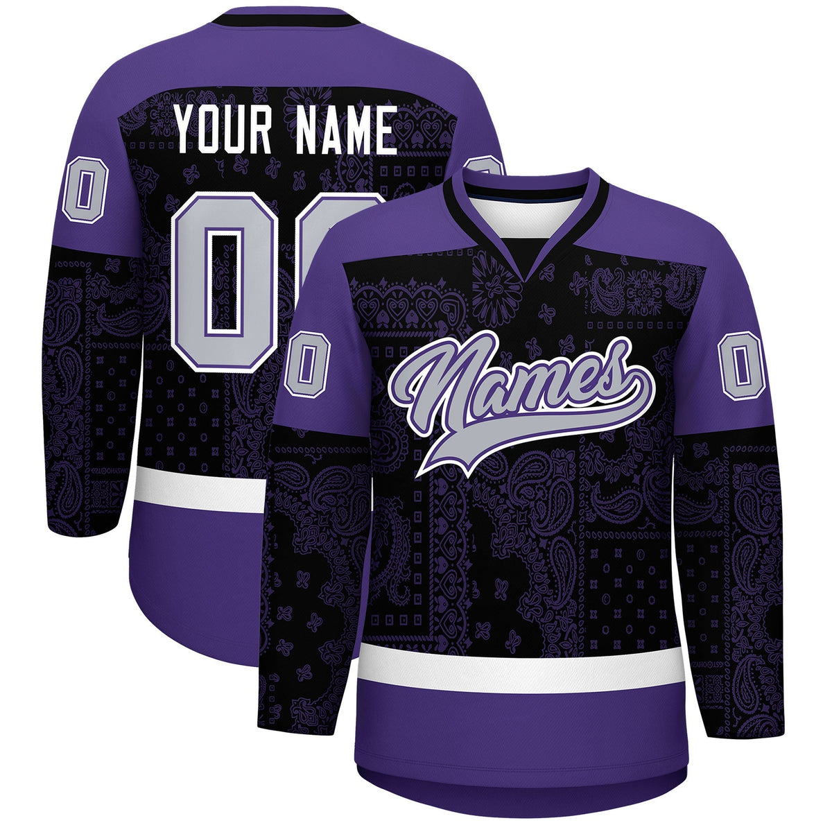 Custom Purple Black White Cashew Flower Graffiti Pattern V-Neck Hockey Jersey| KXKSHOP