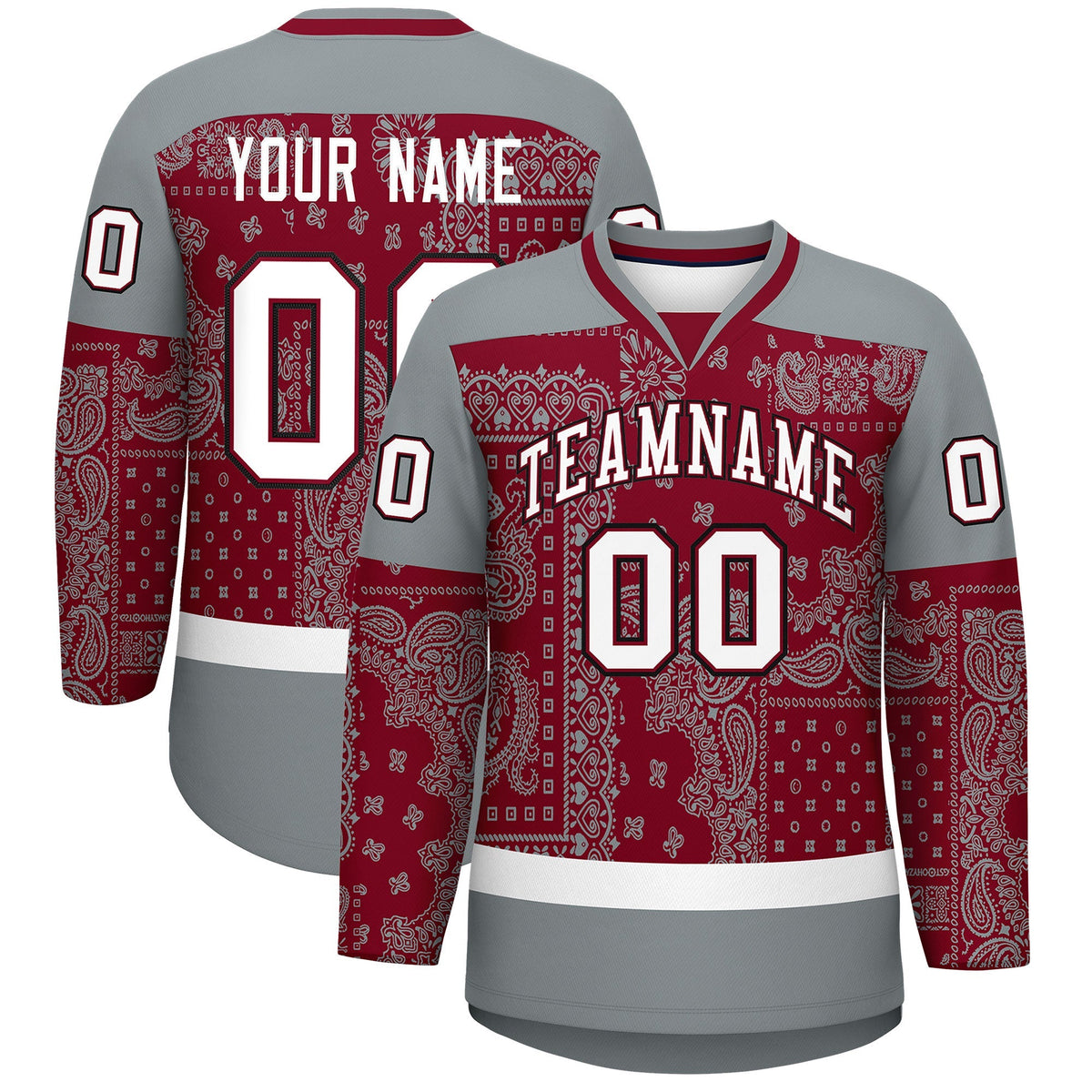 Custom Silver Gray Crimson White Cashew Flower Graffiti Pattern V-Neck Hockey Jersey| KXKSHOP