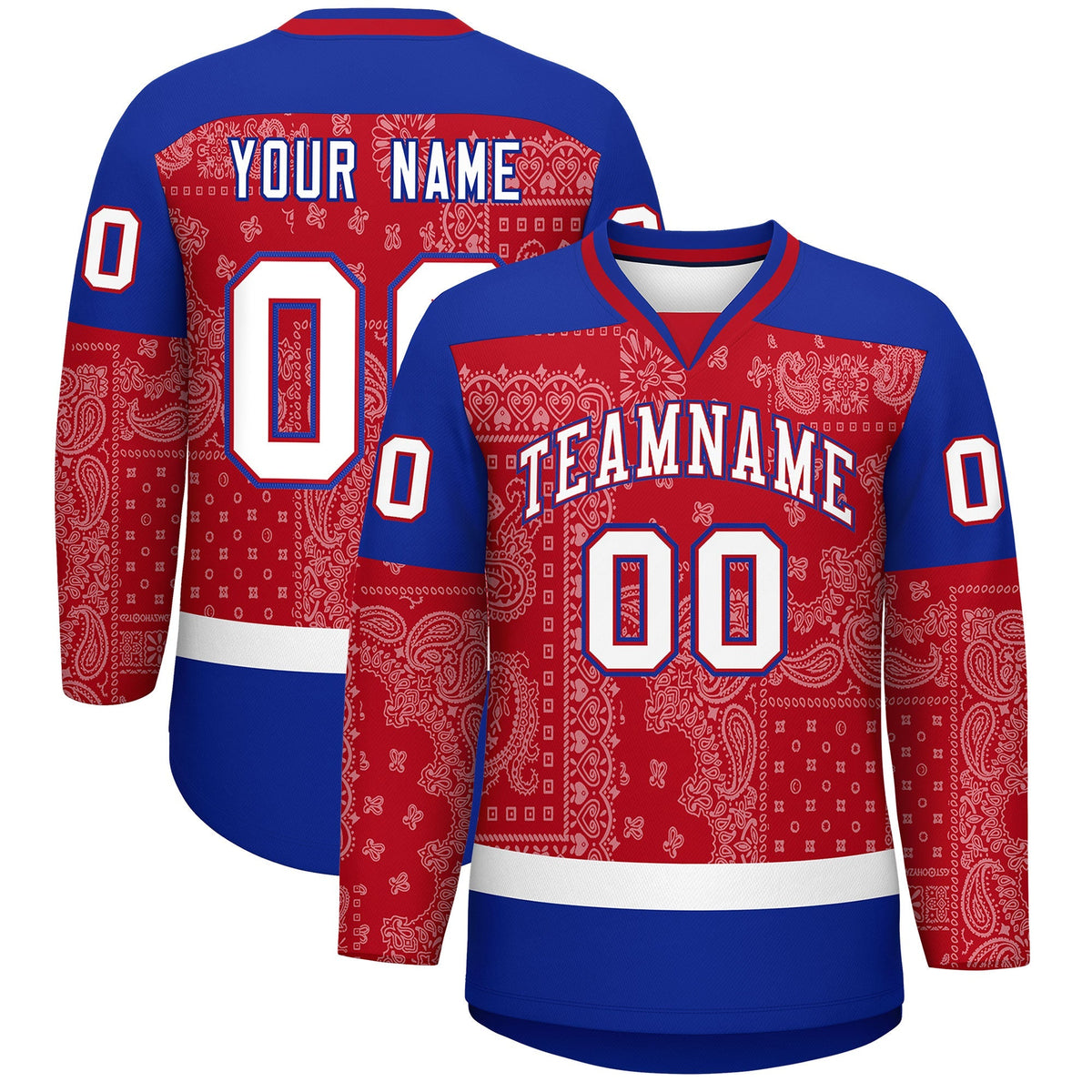 Custom Royal White Red Cashew Flower Graffiti Pattern V-Neck Hockey Jersey| KXKSHOP