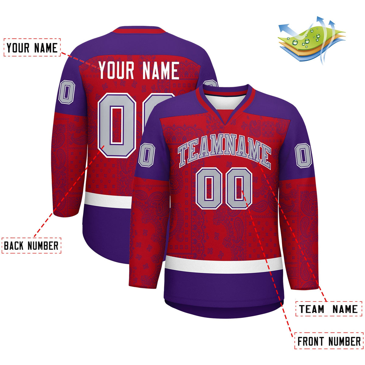Custom Purple Red White Cashew Flower Graffiti Pattern V-Neck Hockey Jersey| KXKSHOP