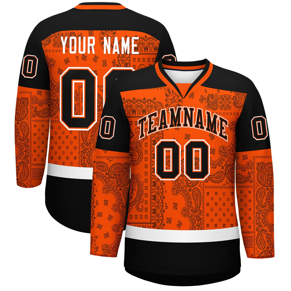 Custom Orange Black White Cashew Flower Graffiti Pattern V-Neck Hockey Jersey| KXKSHOP