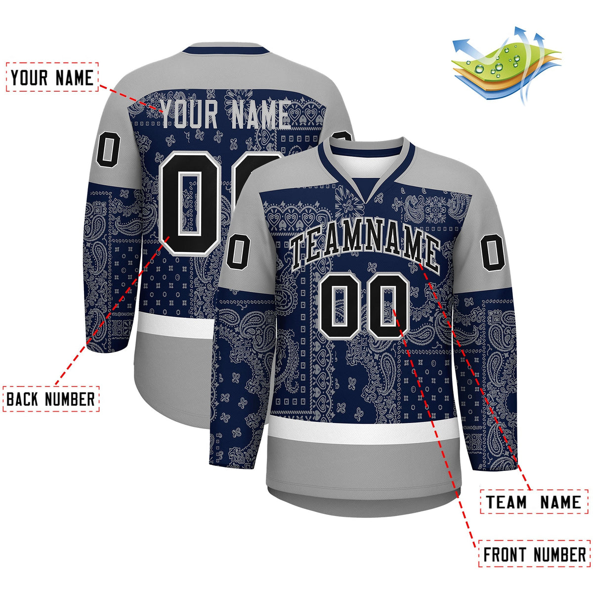 Custom Gray Navy White Cashew Flower Graffiti Pattern V-Neck Hockey Jersey| KXKSHOP