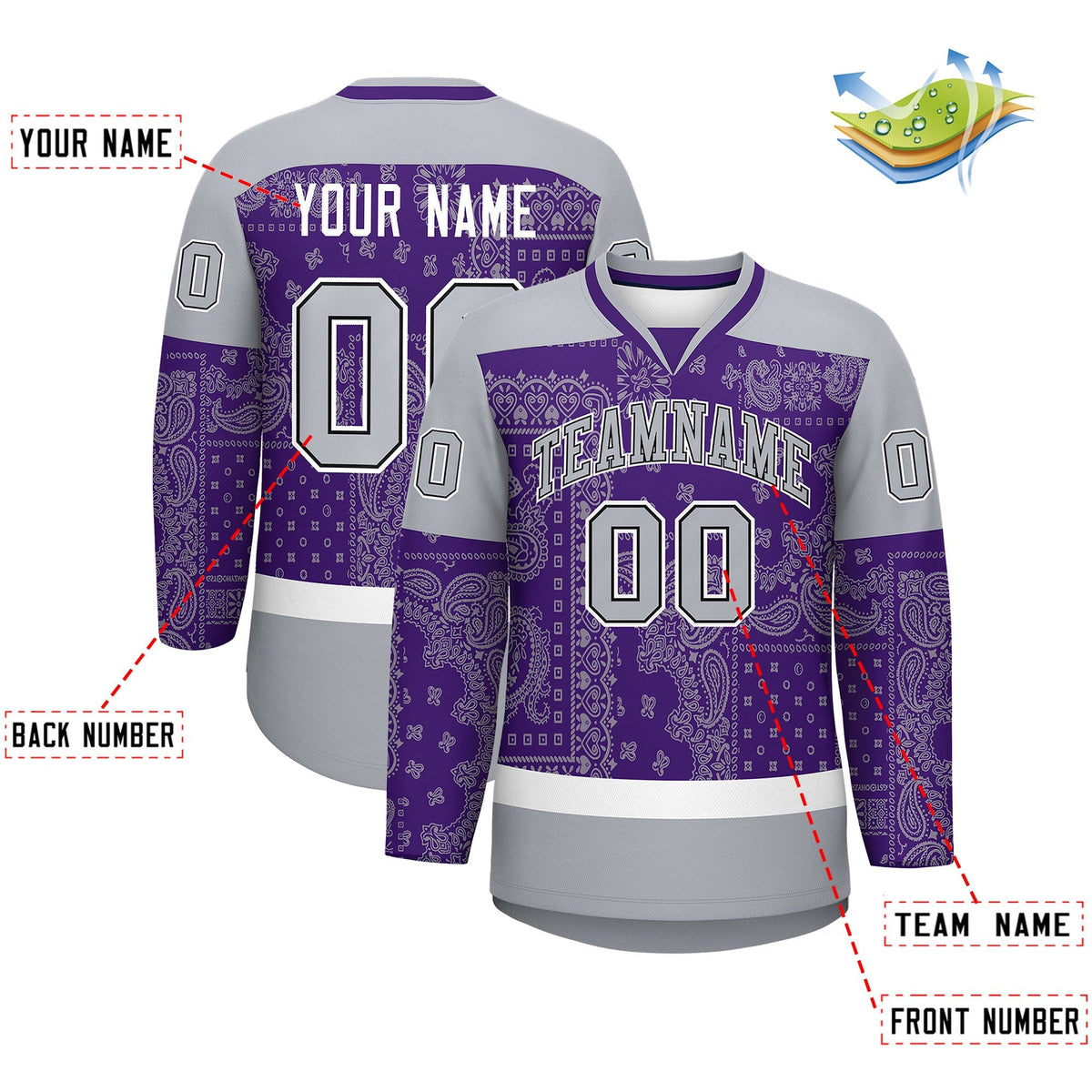 Custom Gray Purple White Cashew Flower Graffiti Pattern V-Neck Hockey Jersey| KXKSHOP