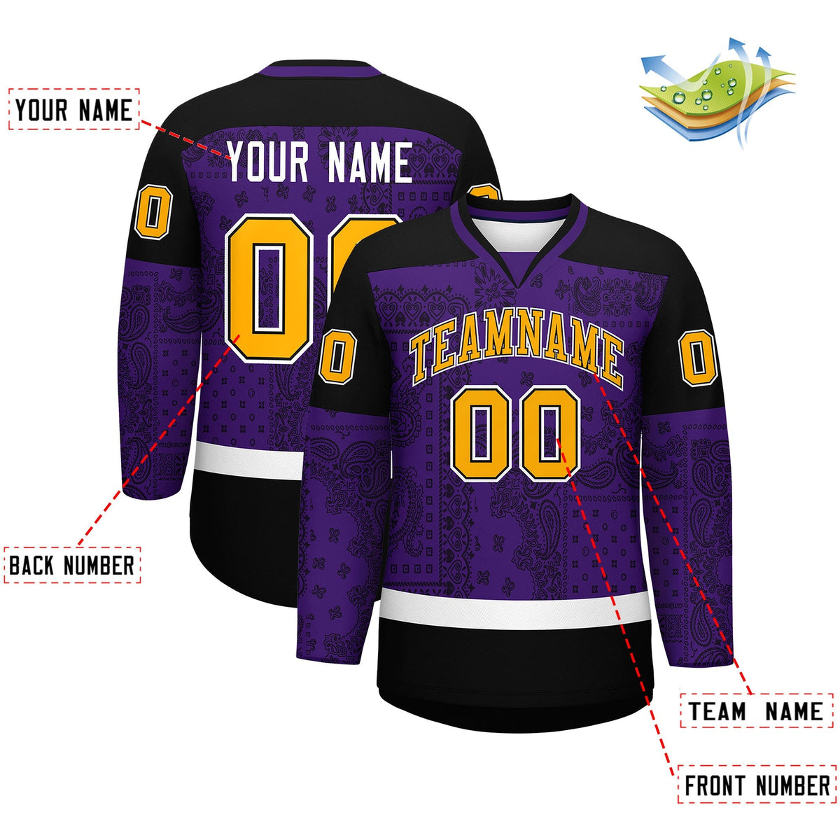 Custom Black Purple White Cashew Flower Graffiti Pattern V-Neck Hockey Jersey| KXKSHOP