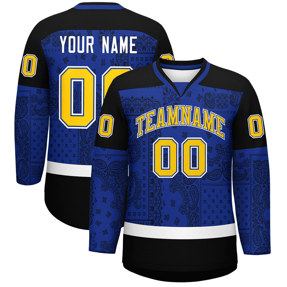 Custom Black Royal White Cashew Flower Graffiti Pattern V-Neck Hockey Jersey| KXKSHOP