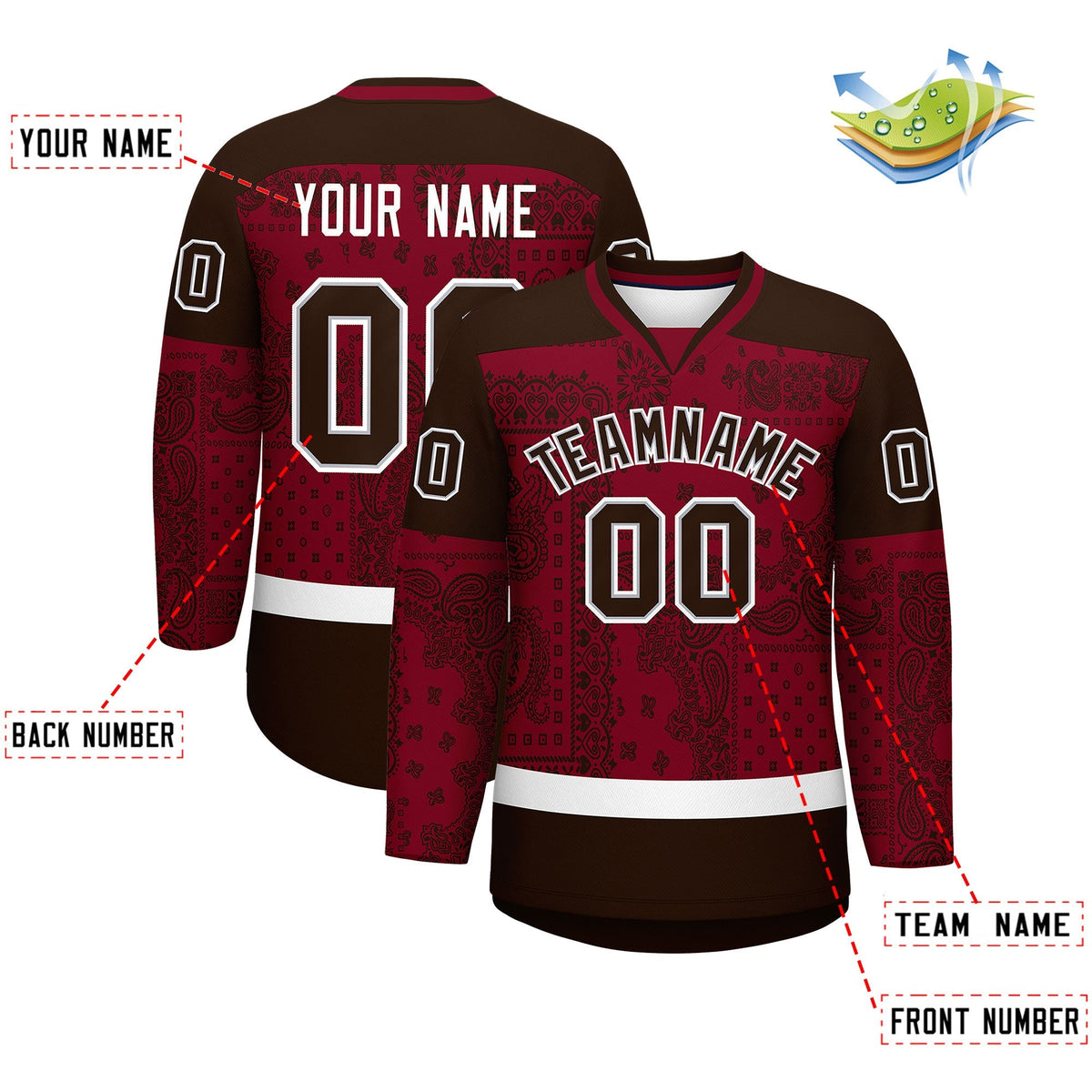 Custom Brown Crimson White Cashew Flower Graffiti Pattern V-Neck Hockey Jersey| KXKSHOP