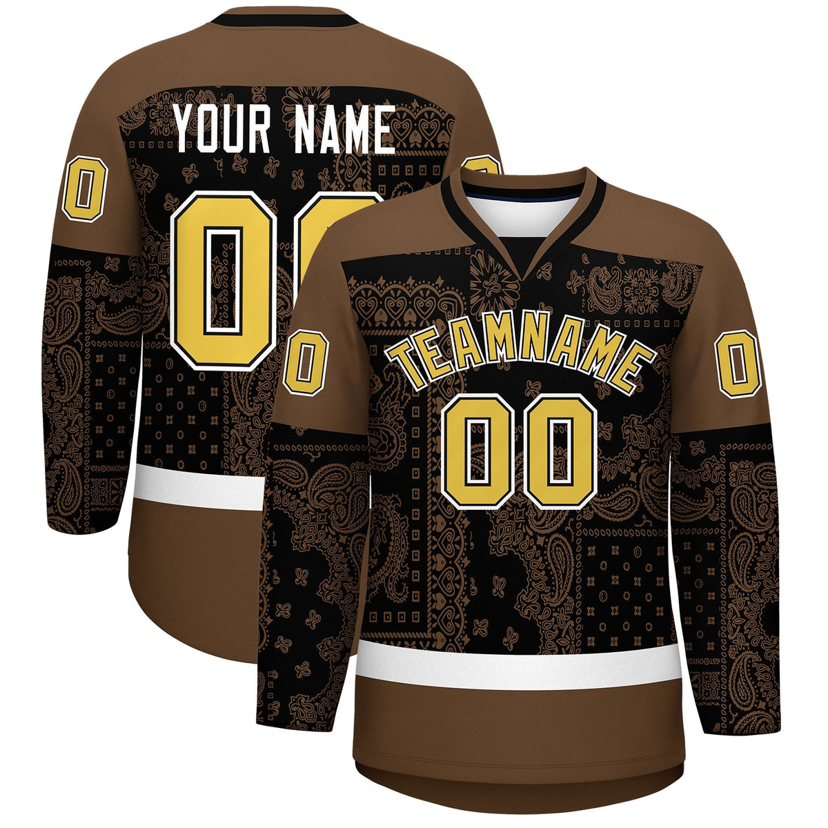 Custom Light Brown Black White Cashew Flower Graffiti Pattern V-Neck Hockey Jersey| KXKSHOP