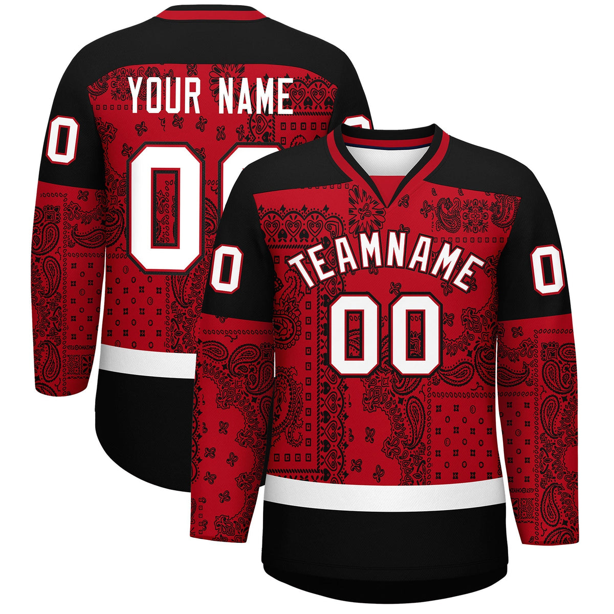 Custom Black Red White Cashew Flower Graffiti Pattern V-Neck Hockey Jersey| KXKSHOP