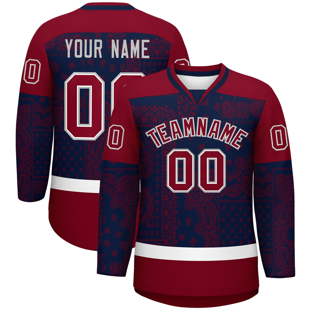 Custom Crimson Navy White Cashew Flower Graffiti Pattern V-Neck Hockey Jersey| KXKSHOP