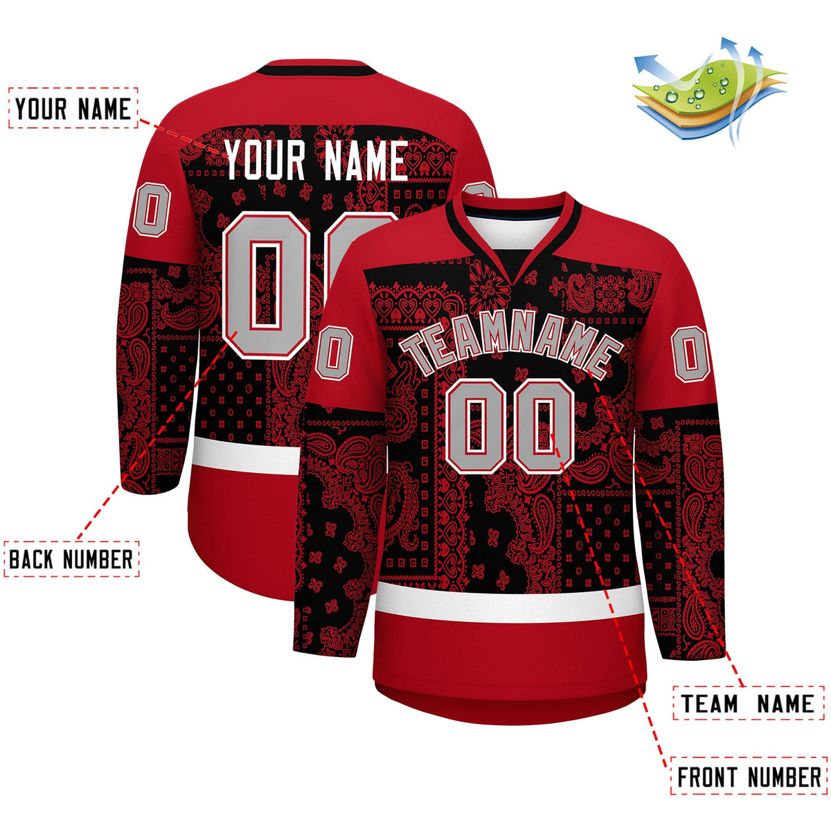 Custom Red Black White Cashew Flower Graffiti Pattern V-Neck Hockey Jersey| KXKSHOP