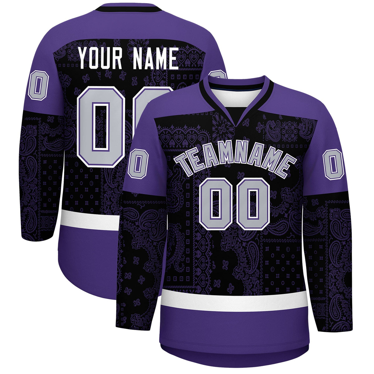 Custom Purple Black White Cashew Flower Graffiti Pattern V-Neck Hockey Jersey| KXKSHOP